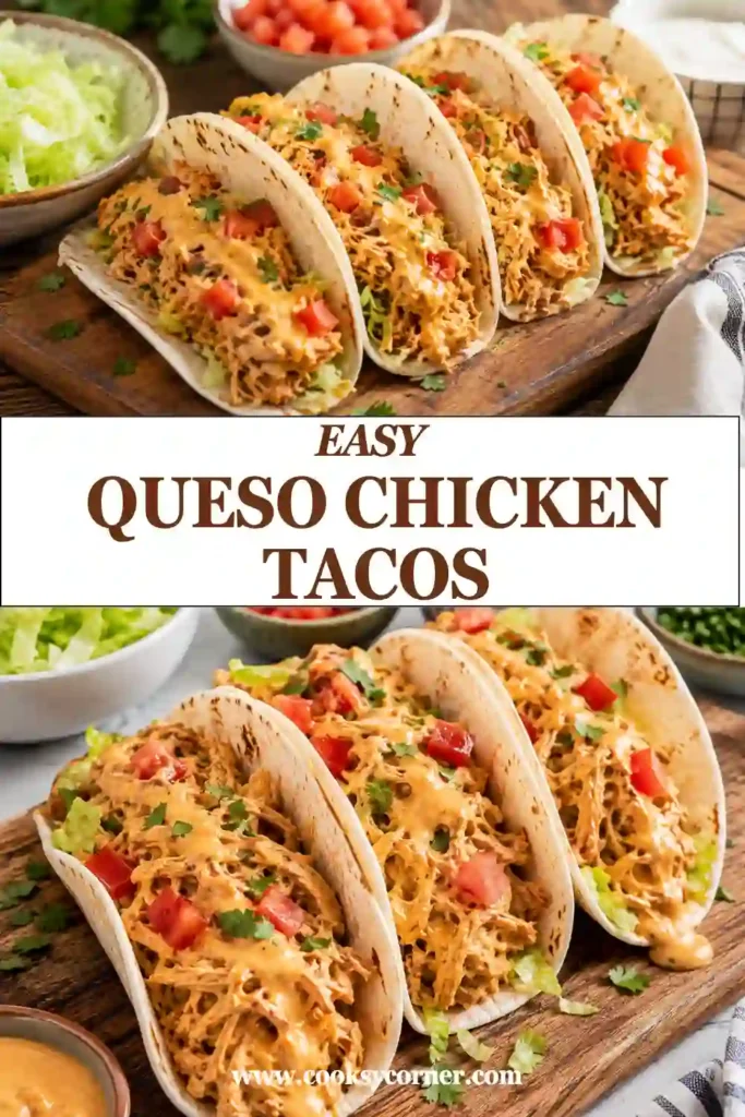 Slow cooker queso chicken tacos with creamy shredded chicken, green chiles, and fresh taco toppings. Soft street taco tortillas hold the rich and cheesy chicken filling.