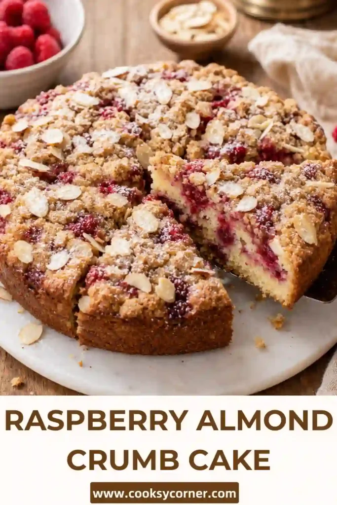 Moist raspberry crumb cake topped with sliced almonds and cinnamon brown sugar streusel. Bright raspberries contrast with the golden buttery cake and crisp almond topping.