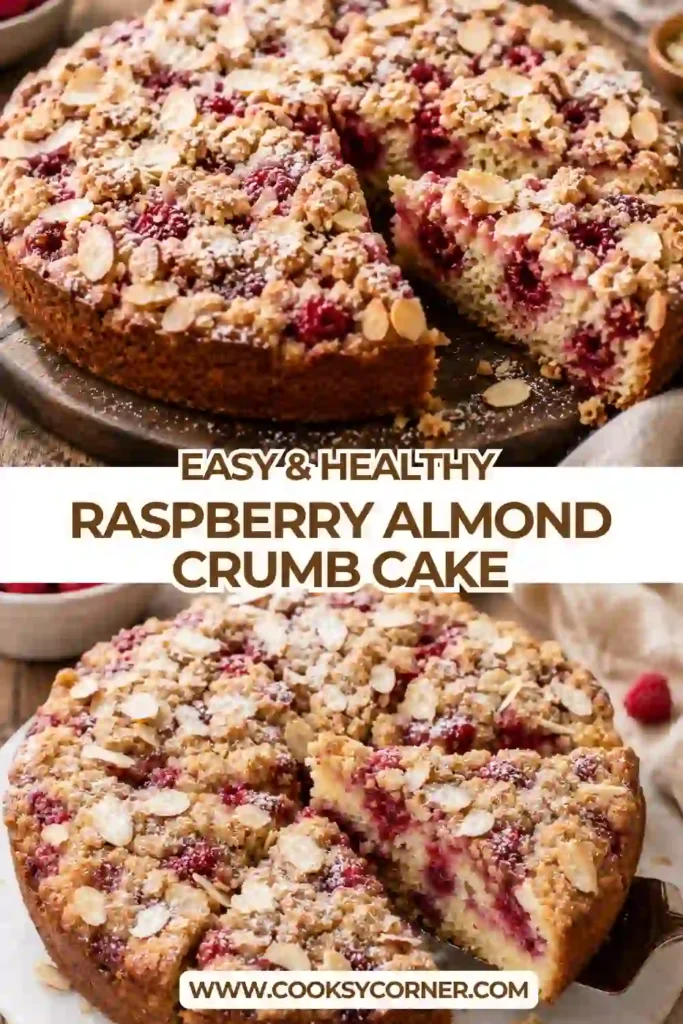 A slice of Raspberry Almond Crumb Cake with fresh berries, toasted almonds, and a brown sugar crumb topping. The inside of the cake has a soft and moist texture.