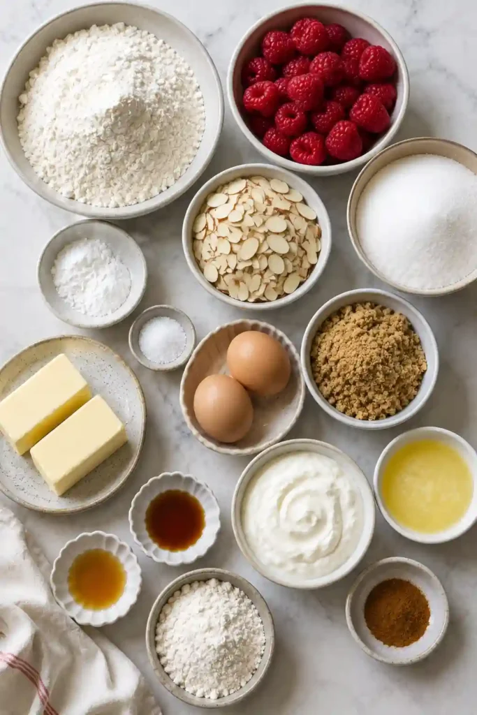 Homemade raspberry almond cake featuring a tender sour cream crumb, juicy berries, sliced almonds, and buttery streusel. Confectioners' sugar lightly covers the golden top.