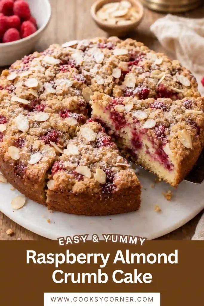 Raspberry Almond Crumb Cake topped with juicy raspberries, buttery cinnamon crumbs, and golden sliced almonds. The tender sour cream cake is lightly dusted with confectioners' sugar.