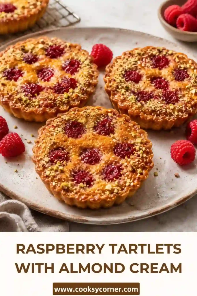 Raspberry almond tartlets with crisp pastry shells, baked frangipane filling, and fresh raspberries. Chopped roasted pistachios add a colorful, crunchy finish.