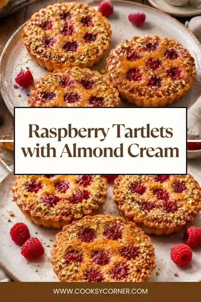 Freshly baked Raspberry Tartlets filled with golden almond cream and juicy raspberries. The individual tartlets are finished with glossy apricot glaze and finely chopped pistachios.
