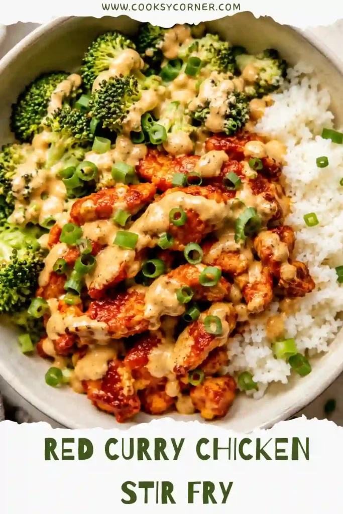 Close-up of juicy chicken stir-fried with red curry paste and served with rice, broccoli, and creamy cashew sauce. This easy chicken dinner is perfect for busy weeknights.