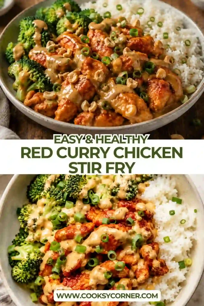 Thai-inspired Red Curry Chicken Stir Fry topped with smooth spicy cashew sauce alongside fluffy rice and bright green broccoli. A quick and satisfying homemade meal.