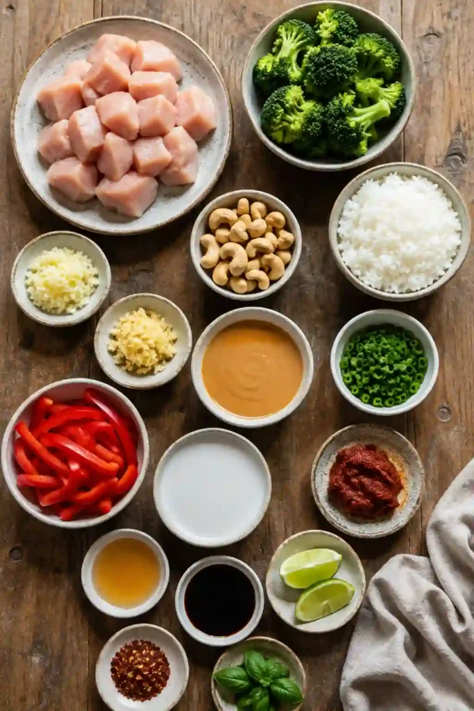 Red Curry Chicken Stir Fry featuring golden chicken pieces, steamed broccoli, jasmine rice, and rich homemade spicy cashew sauce in a vibrant serving bowl.