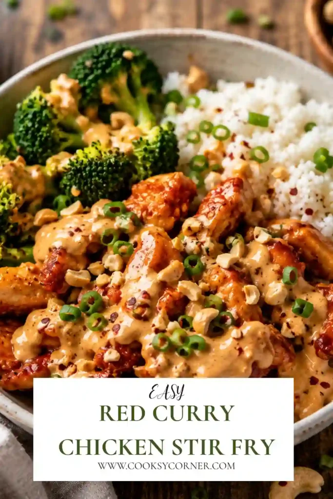 A bowl of Red Curry Chicken Stir Fry served over jasmine rice with steamed broccoli and creamy spicy cashew sauce. The tender chicken is coated in caramelized red curry for a colorful, flavorful dinner.