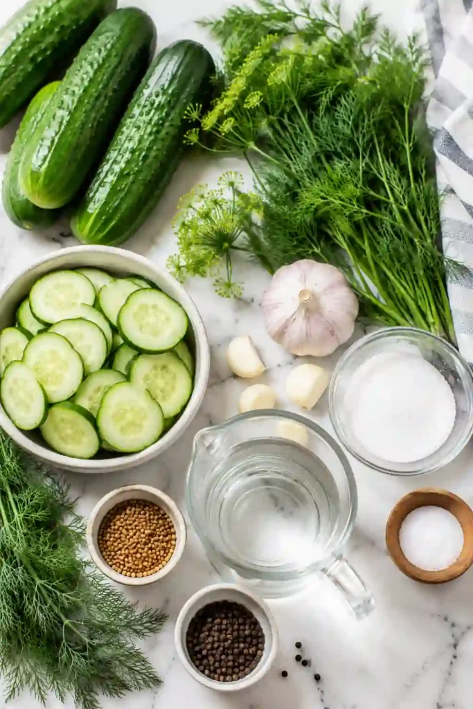 4. Homemade cucumber spears prepared as Refrigerator Dill Pickles with garlic and fresh dill. The no canning pickles are submerged in a seasoned vinegar brine inside glass jars.