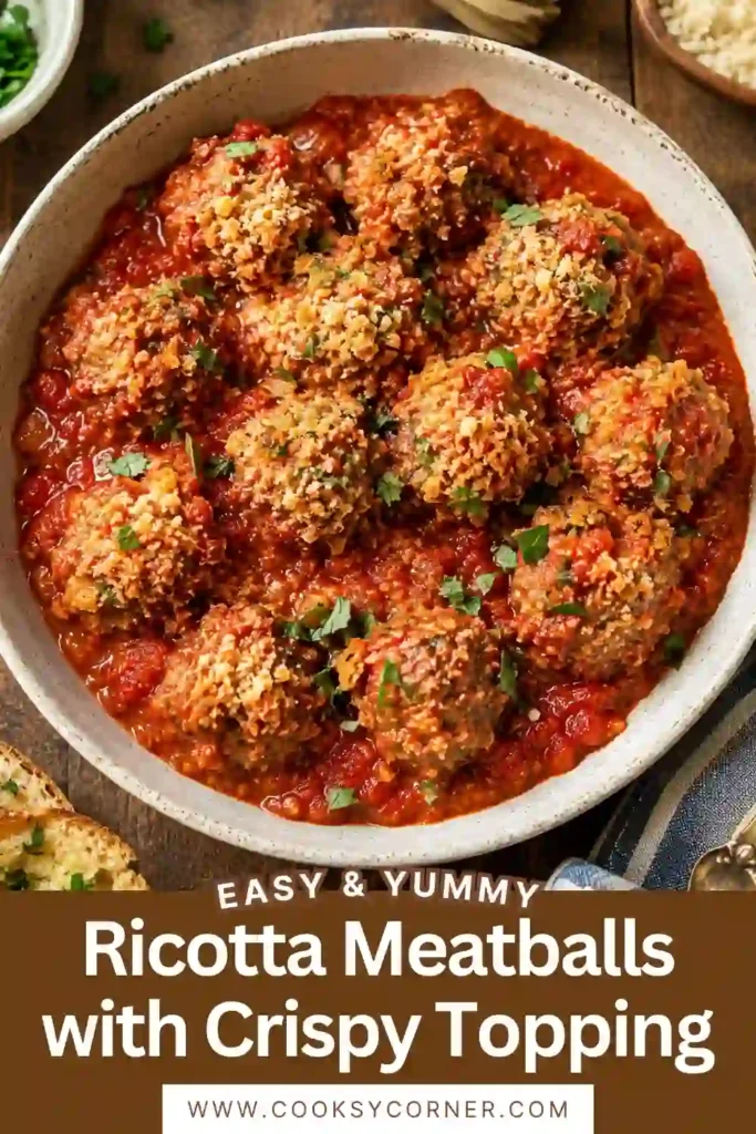 Close-up of baked turkey ricotta meatballs covered in tomato sauce with a crispy Parmesan-panko topping. The meatballs look tender, cheesy, and perfectly browned.