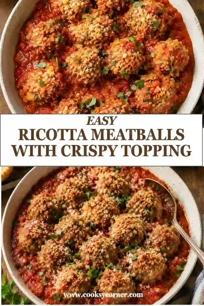 Freshly baked homemade ricotta meatballs served in marinara sauce with crunchy Parmesan topping and chopped parsley. A comforting Italian-inspired dinner for the whole family.