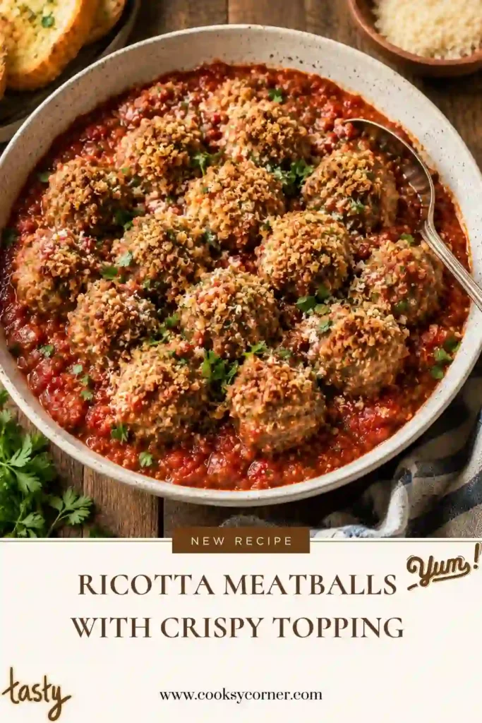 A baking dish filled with juicy Ricotta Meatballs with Crispy Topping nestled in rich marinara sauce and finished with golden Parmesan breadcrumbs. Fresh parsley adds a bright, colorful garnish.