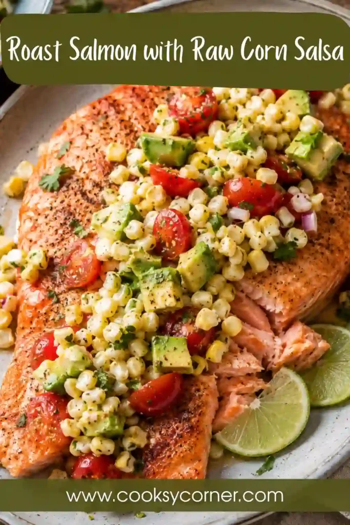 Flaky baked salmon garnished with sweet corn, cherry tomatoes, avocado, and Parmesan salsa.