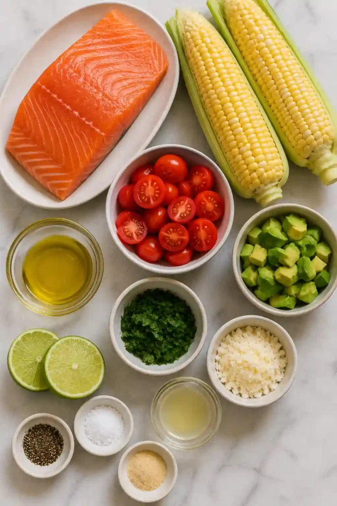 Homemade Roast Salmon with Raw Corn Salsa served as a fresh summer seafood dinner.