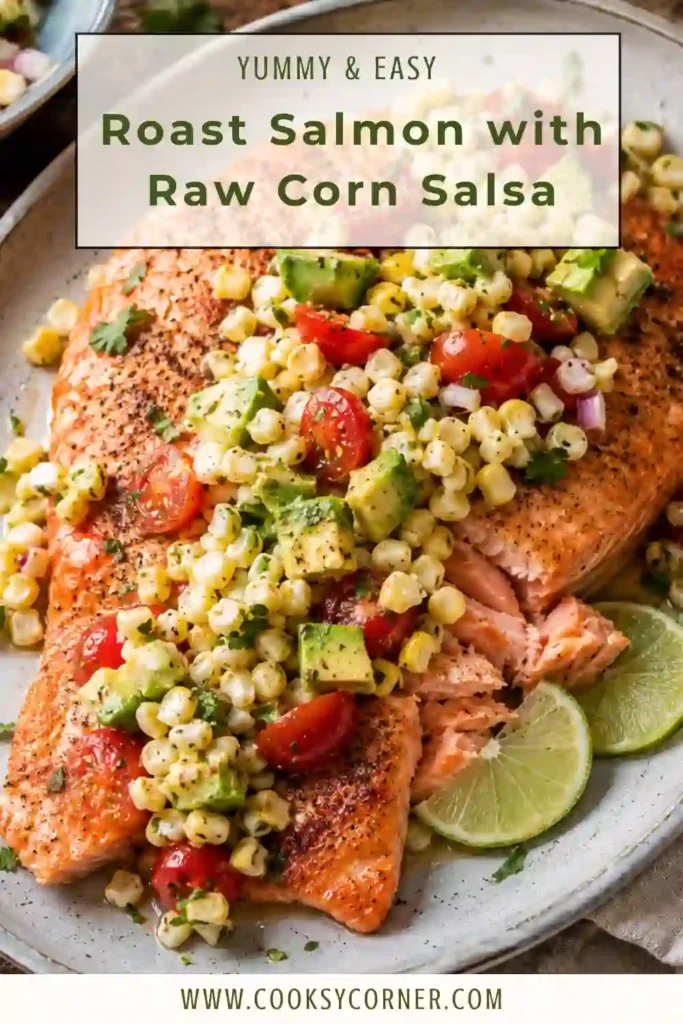 Healthy roasted salmon served with colorful corn salsa and fresh herbs on a dinner plate.