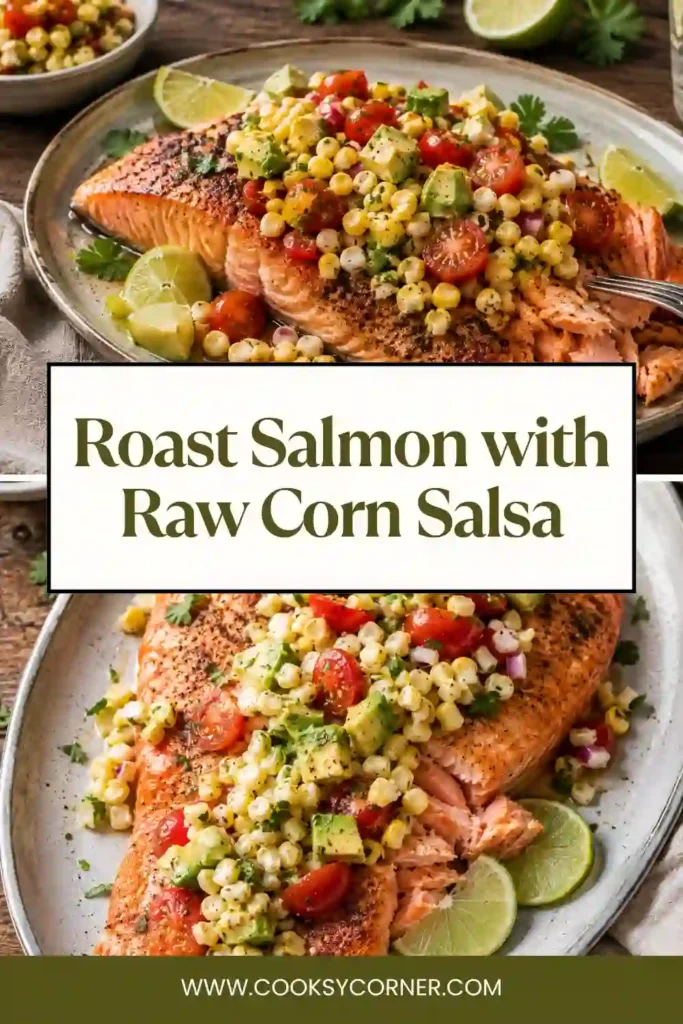 Oven-roasted salmon topped with fresh raw corn salsa made with avocado, tomatoes, mint, and lime.