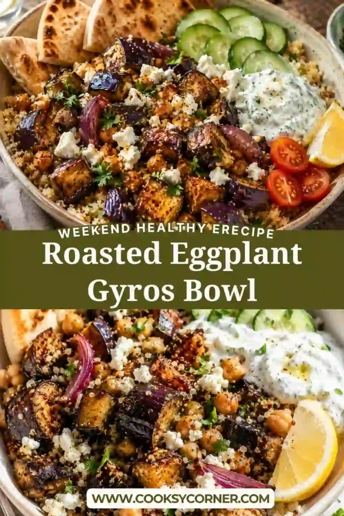 Freshly roasted eggplant and chickpeas tossed with quinoa, feta, and lemon in an easy sheet pan dinner. This vegetarian gyros-inspired recipe is colorful and satisfying.