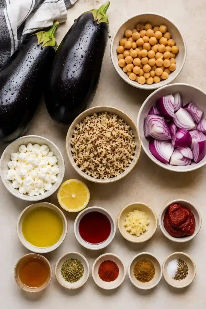 Colorful Roasted Eggplant Gyros Bowl featuring roasted eggplant, chickpeas, red onions, quinoa, feta, and fresh lemon juice. An easy Greek-inspired sheet pan recipe.