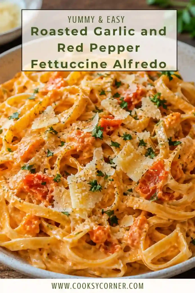 Creamy red pepper pasta made with roasted bell peppers, roasted garlic, Parmesan, and fettuccine. The smooth orange-red Alfredo sauce coats each strand of pasta.