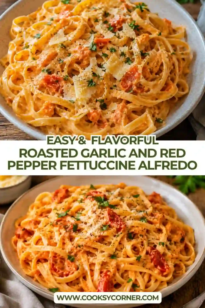 A bowl of roasted garlic Alfredo fettuccine with a silky roasted red pepper sauce. Fresh parsley and Parmesan add color and savory flavor to the creamy pasta.