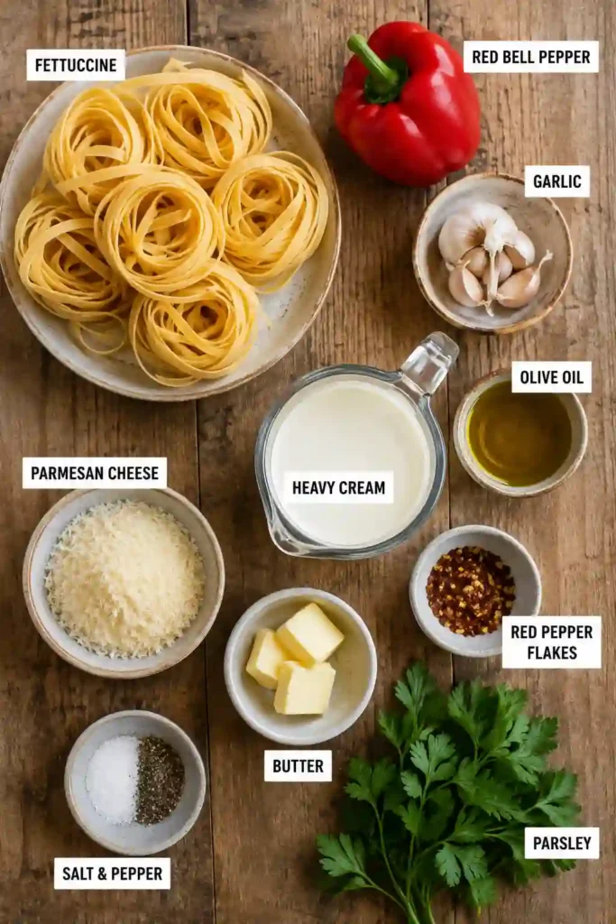 Roasted Garlic and Red Pepper Fettuccine Alfredo served with freshly grated Parmesan and chopped parsley. The fettuccine is coated in a creamy roasted red pepper Alfredo sauce.