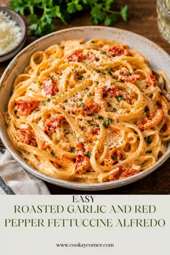 Roasted red pepper pasta tossed with fettuccine in a creamy Parmesan and garlic sauce. The finished pasta has a rich, velvety sauce made from roasted bell peppers.