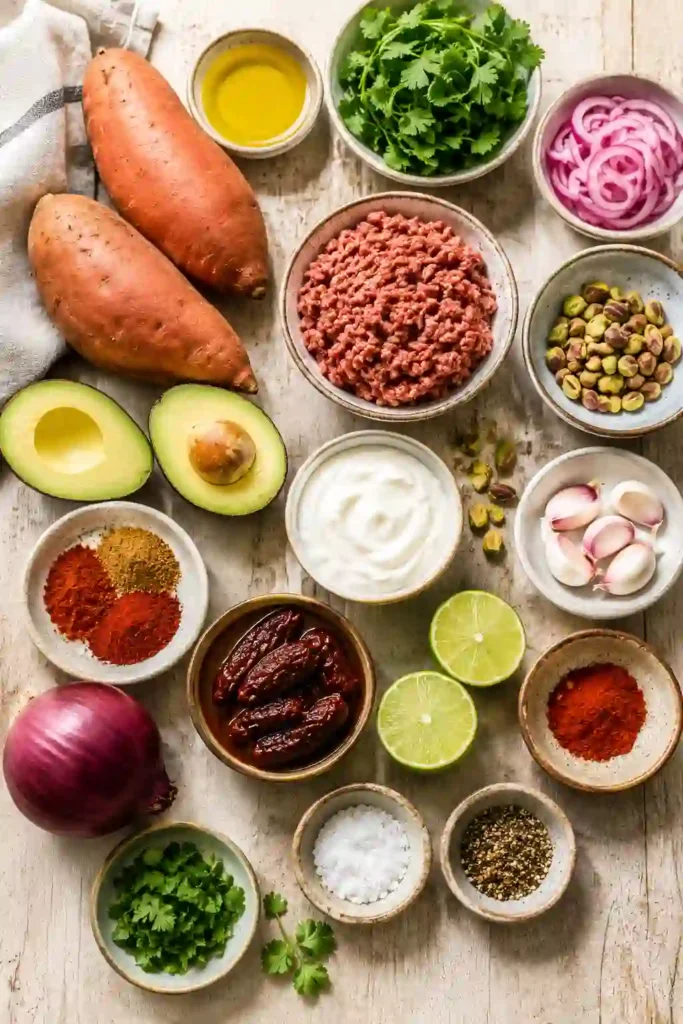 Golden roasted sweet potato halves topped with seasoned ground chicken, creamy chipotle sauce, avocado, cilantro, and pickled onions. A colorful and healthy sweet potato dinner perfect for weeknights.