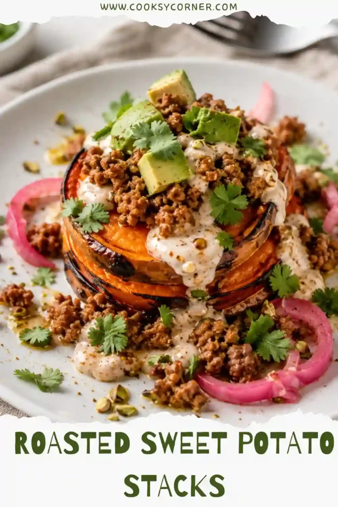 Roasted Sweet Potato Stacks with creamy chipotle sauce.