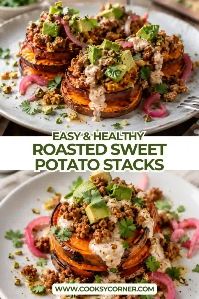Roasted Sweet Potato Stacks served with creamy chipotle sauce and fresh avocado. This high-protein ground chicken recipe features caramelized sweet potatoes and vibrant toppings.