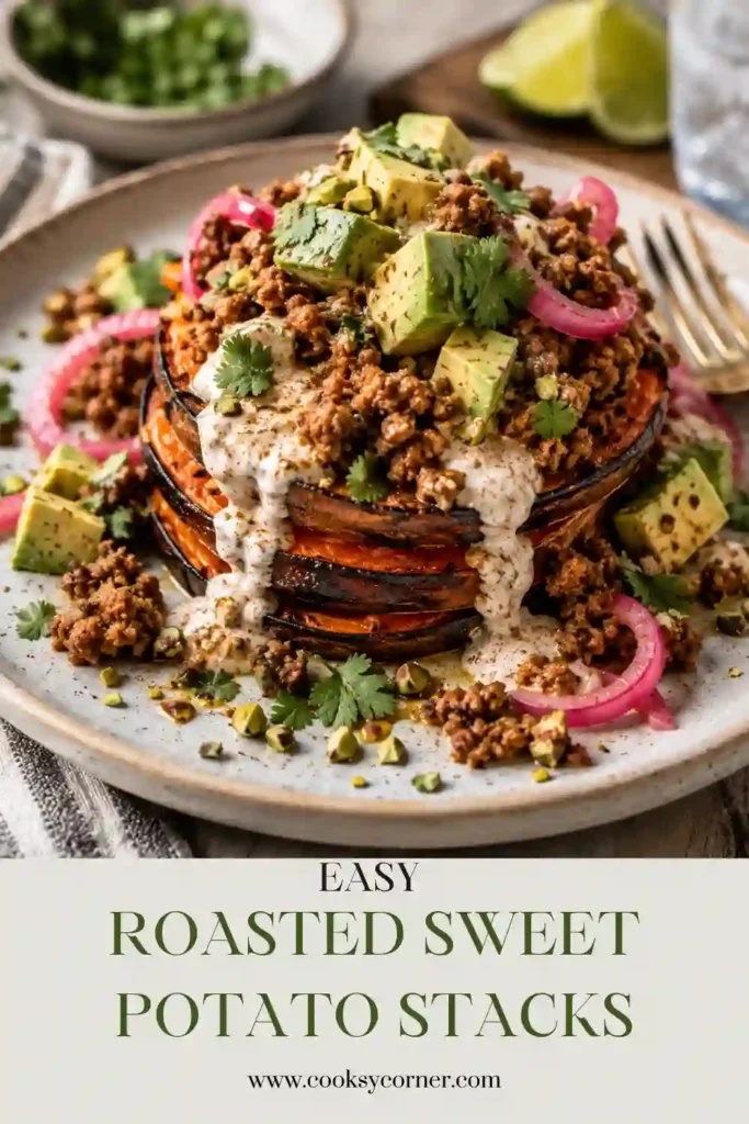 A close-up of roasted sweet potatoes layered with taco-seasoned chicken, smoky chipotle sauce, cilantro, and crunchy pistachios. Perfect for a healthy Mexican-inspired dinner.
