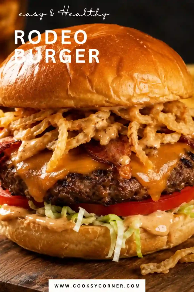 Rodeo Burger stacked with juicy beef patties, melted cheddar cheese, crispy onion rings, jalapeno, and barbecue sauce. The loaded homemade beef burger is served on a toasted hamburger bun.