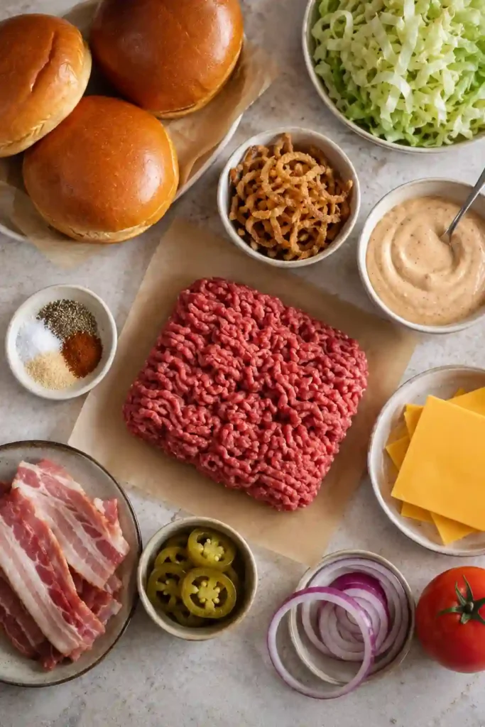 Loaded crispy onion ring burger with seasoned beef patties, melted sharp cheddar, cowboy butter, fresh jalapeno, and smoky barbecue sauce. This Rodeo Burger is served on a golden toasted bun.