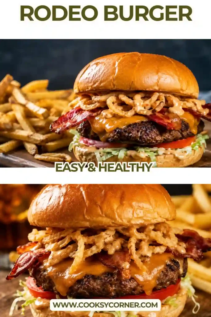 Close-up of a Rodeo Burger topped with crispy onion rings, cheddar cheese, tomato, jalapeno, turkey ham, and barbecue sauce. The juicy BBQ burger features a tall stack of savory and crunchy toppings.
