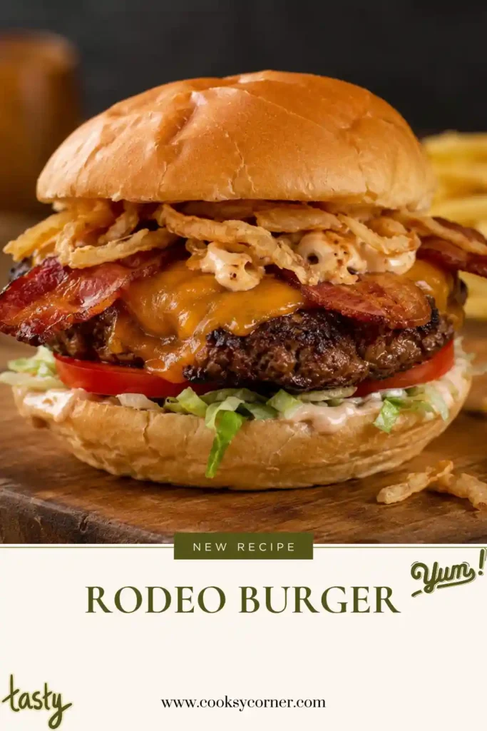 Homemade Rodeo Burger with double cheddar beef patties, golden crispy onion rings, fresh jalapeno slices, and smoky BBQ sauce. A hearty cowboy burger served warm on a toasted bun.