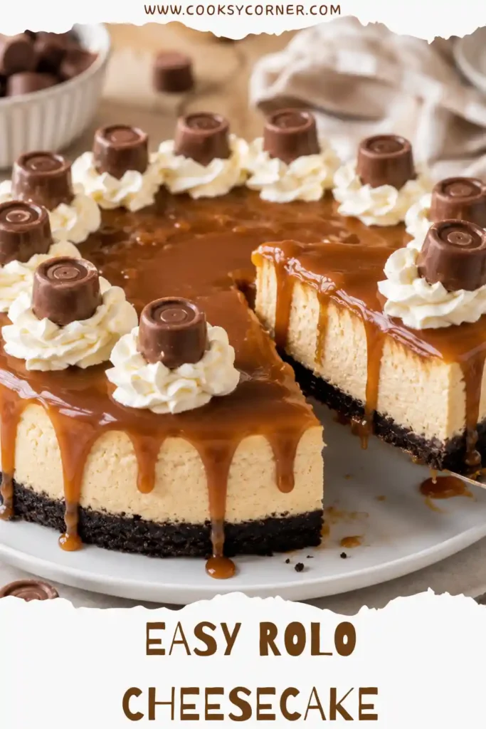 Homemade chocolate caramel cheesecake covered with silky dulce de leche and piped whipped cream. A dark chocolate cookie crust contrasts with the creamy vanilla filling.