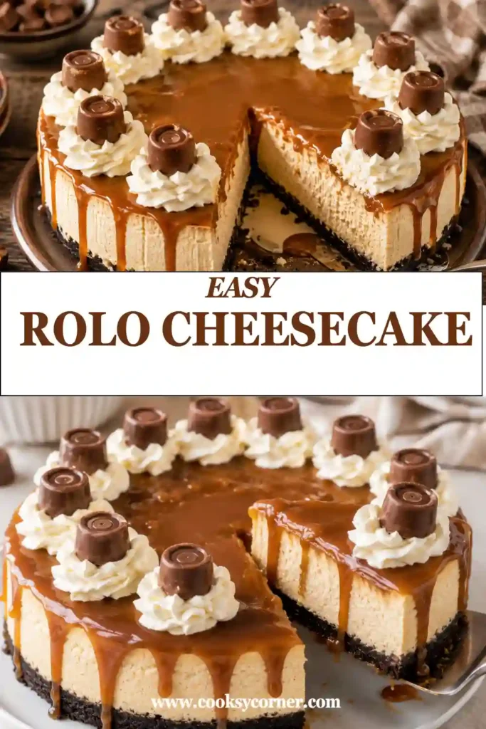 A slice of Rolo Cheesecake with a thick creamy filling, crunchy Oreo-style crust, and rich caramel topping. Whipped cream and chocolate-caramel candy decorate the top.