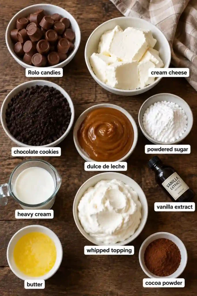 Creamy Rolo Cheesecake with chocolate cookie crust and caramel topping served as a decadent dessert. Chocolate-caramel candies and whipped cream decorate the chilled cheesecake.