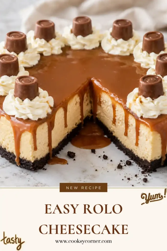 Rolo Cheesecake topped with glossy dulce de leche, whipped cream, and chocolate-caramel candies. The creamy cheesecake sits on a dark chocolate cookie crust.