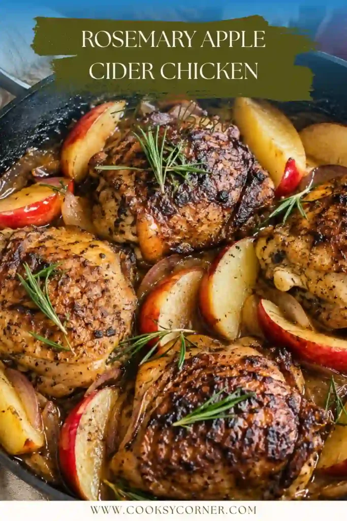 Rosemary chicken thighs with caramelized apples and onions in a savory apple cider pan sauce. Fresh thyme and rosemary add color to the cozy fall chicken dinner.