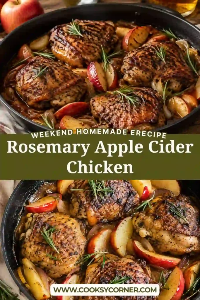 Rosemary Apple Cider Chicken with golden chicken thighs, sliced Honeycrisp apples, red onion, and fresh rosemary. The chicken is coated in a glossy apple cider Dijon sauce.