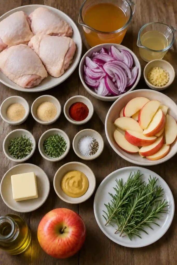 Golden chicken thighs surrounded by Honeycrisp apple slices and red onion in a rich apple cider sauce. Fresh rosemary sprigs garnish the skillet chicken dinner.