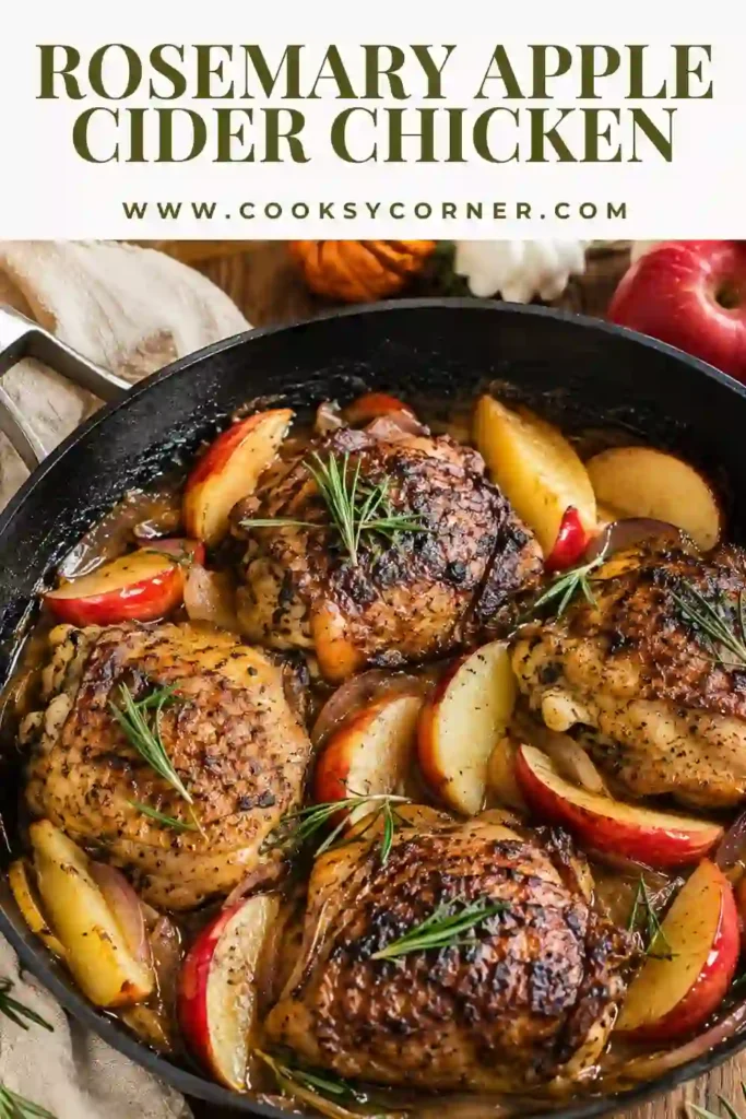 Apple cider chicken thighs served in a skillet with tender apple slices, red onion, rosemary, and buttery Dijon sauce. The bone-in chicken has a deeply golden seared exterior.