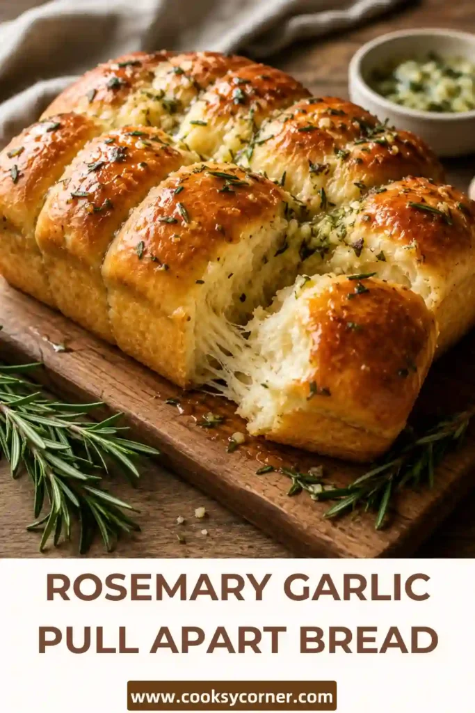 Garlic herb pull apart bread made with homemade yeast dough, fresh rosemary, garlic, butter, and olive oil. The baked bread has a golden exterior and tender layered center.