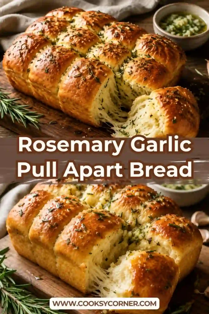 Homemade garlic rosemary bread with fluffy pull apart layers and a golden brown crust. Fresh rosemary and minced garlic add savory flavor .