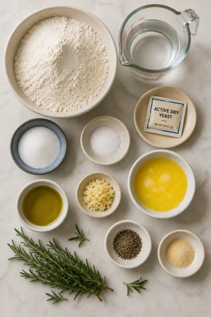 Fresh Rosemary Garlic Pull Apart Bread served warm with visible layers of fluffy dough and herbs. The savory homemade bread is garnished with rosemary sprigs.