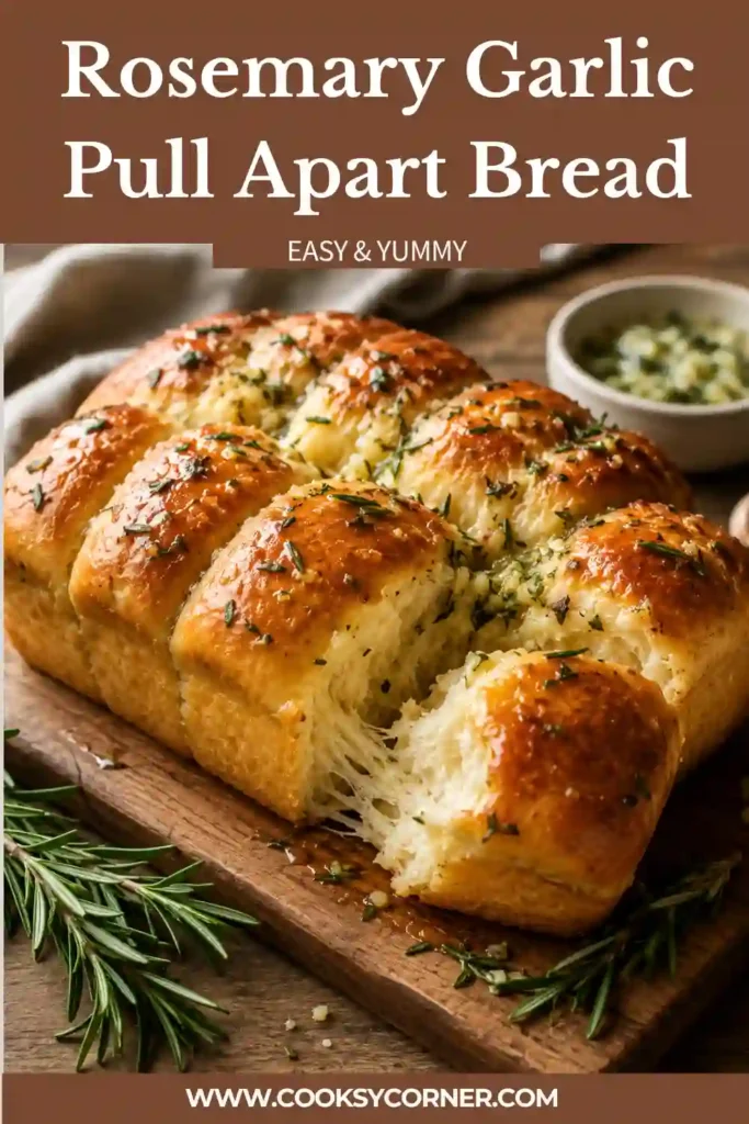 Rosemary Garlic Pull Apart Bread baked until golden with soft layered pieces flavored with fresh garlic, rosemary, and olive oil. Fresh rosemary sprigs garnish the warm homemade bread.