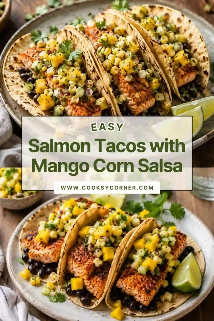 Healthy baked salmon tacos with homemade mango corn salsa served in soft corn tortillas. Fresh ingredients make this recipe light, colorful, and satisfying.