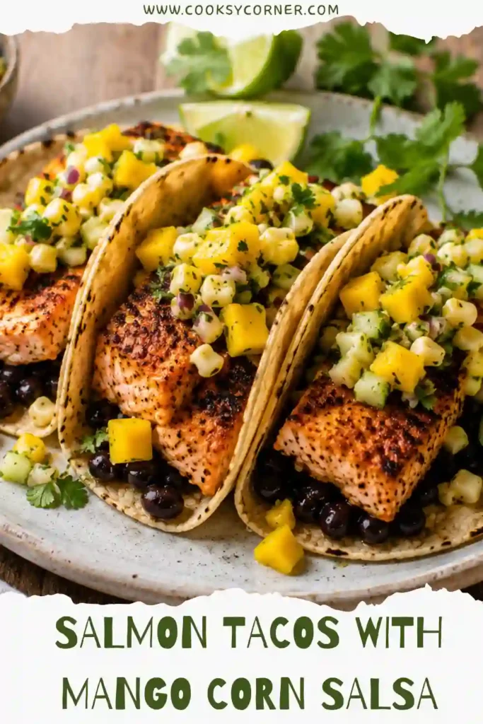 Colorful Salmon Tacos with Mango Corn Salsa garnished with cilantro and fresh lime on a wooden serving board. Warm corn tortillas hold perfectly seasoned baked salmon.