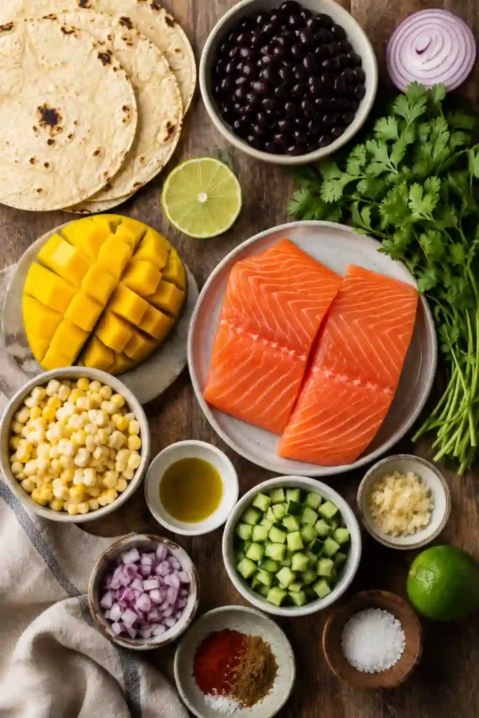 Fresh baked Salmon Tacos with Mango Corn Salsa served on warm corn tortillas with avocado and lime wedges. The colorful tacos feature flaky salmon, sweet corn, ripe mango, and fresh cilantro.