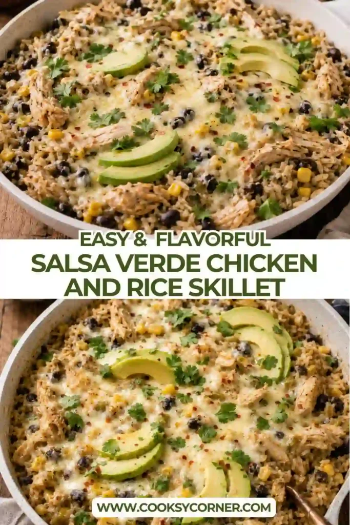 Cheesy salsa verde chicken and rice served hot in a skillet with black beans, roasted corn, and cilantro. The creamy melted cheese and green salsa create a colorful Mexican-inspired chicken dinner.