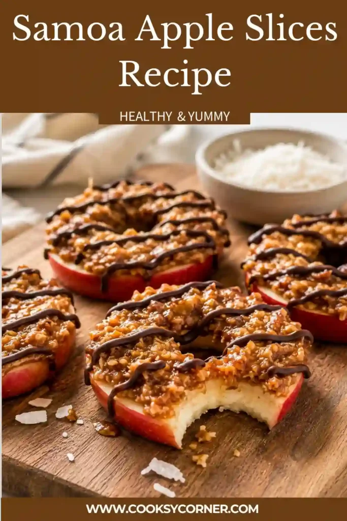 No-bake apple dessert featuring apple slices topped with coconut filling and rich chocolate drizzle in natural lighting.